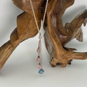 Sterling Silver Pink & Blue Gemstone Tassel Necklace, Crystal, delicate, Layer